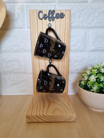Imagem de Porta Xícaras de madeira com 2 Xícaras Pretas Gratidão