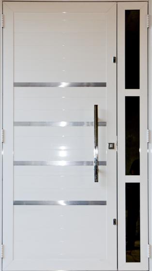 Imagem de Portas de Alumínio Branco Seteira 2,10 X 1,00 Com Frisos e Puxadores e Kit Fechadura  Direita