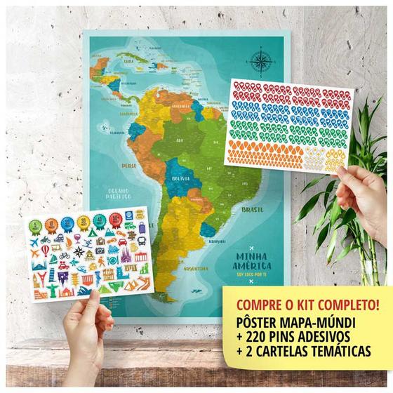 Imagem de Pôster Mapa América do Sul e Central A1 + 220 Pins Adesivos p/ Marcar suas Viagens (59x84cm)