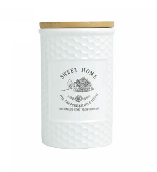 Imagem de Pote ceramica sweet home branco com tampa  de bambu wolff 1l