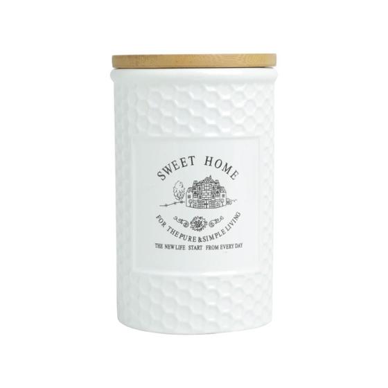 Imagem de Pote ceramica sweet home branco com tampa  de bambu wolff 1l