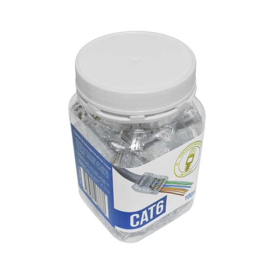 Pote com 100 unidades Conector plug RJ45 de passagem EZ Crimp Cat6 Menor preço em Pote com 100 unidades Conector plug RJ45 de passagem EZ Crimp Cat6