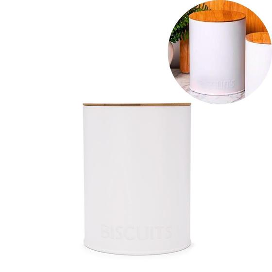 Imagem de Pote de Biscoito Lata 2,5 Litros Grande Redondo Canister Aço Branco Com Tampa de Bambu Haus Concept Brinox
