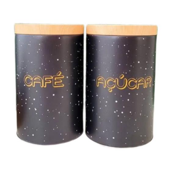 Imagem de Pote de lata preto para açúcar ou café dourado com tampa de bambu de cozinha cantinho do café