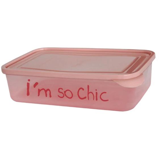 Imagem de Pote de plástico rosa retangular para alimentos com tampa e com frase chic