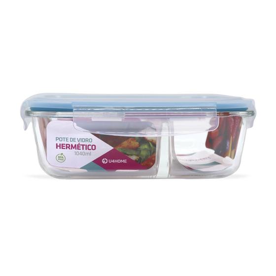 Imagem de Pote de Vidro com divisória Retangular Hermético Marmita Tampa Plástico 640ml