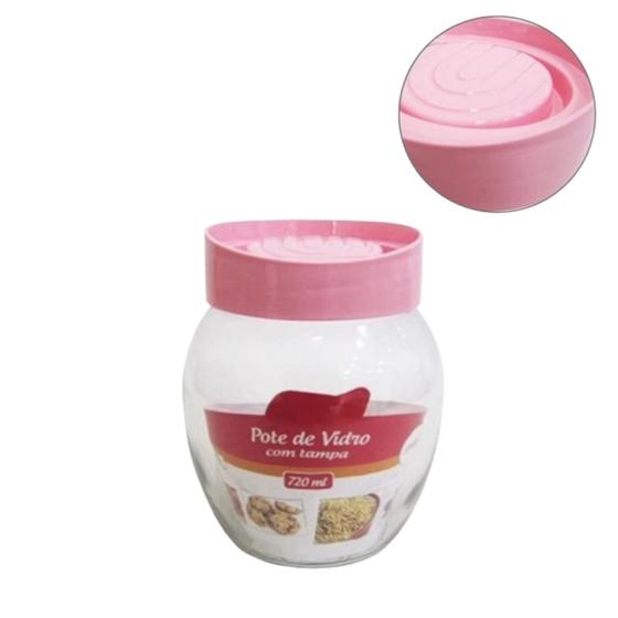 Imagem de Pote de vidro com tampa rosa 720ml redondo para mantimentos açúcar café farinha biscoito de cozinha