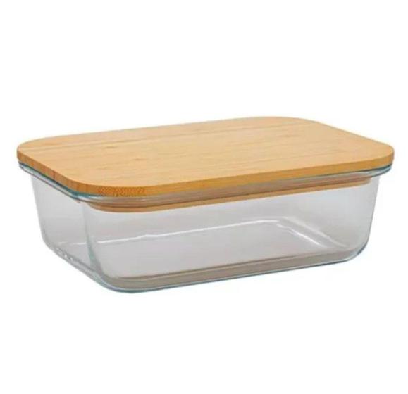 Imagem de Pote de vidro retangular com tampa estilo bambu 635ml - em casa