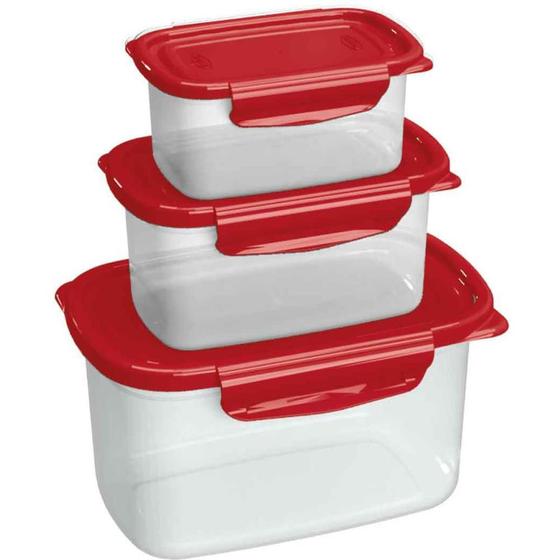 Imagem de Pote Plástico Conjunto 3 Potes P/M/G com Trava Vermelho