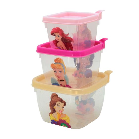 Imagem de Pote Princesas Disney Infantil Kit com 3 Marmitas para lanche Escolar Plasútil