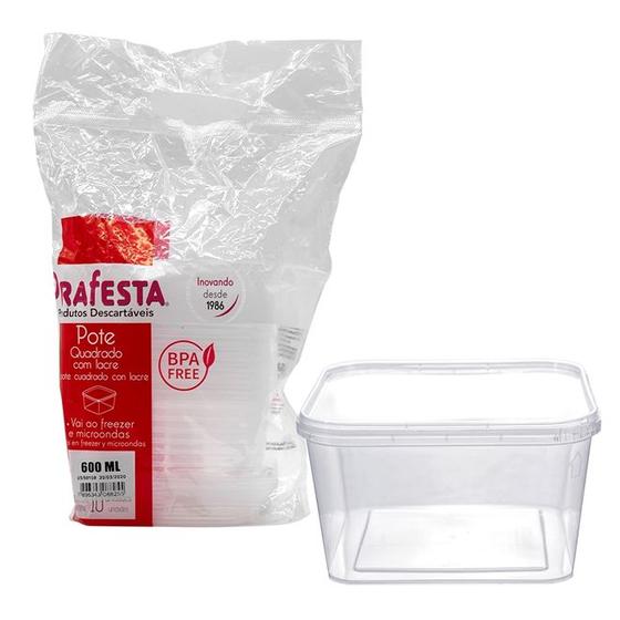 Imagem de Pote Quadrado 600 Ml Com Lacre 10 Unds Freezer e Micro-ondas