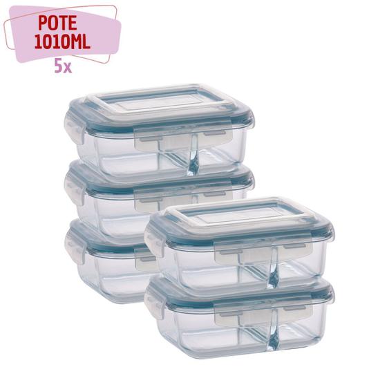 Imagem de Pote Vidro Hermético Mantimentos Divisória 1010ml 5 Unidade