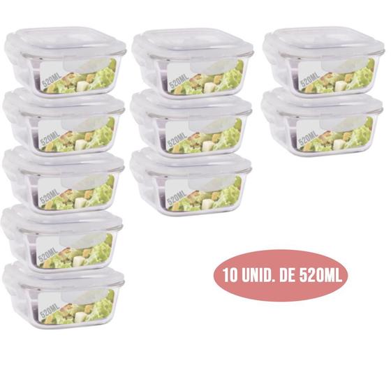Pote Vidro Hermético Marmita Fit Jogo com 10 Unidades 520ml Menor preço em Pote Vidro Hermético Marmita Fit Jogo com 10 Unidades 520ml