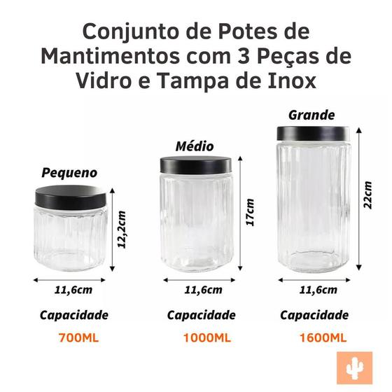 Imagem de Potes de Mantimentos com 3 Peças de Vidro e Tampa de Inox