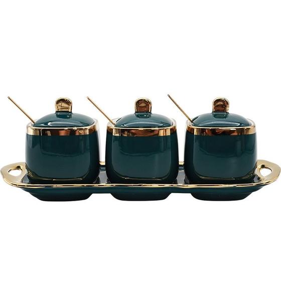 Imagem de Potes de tempero de condimento de cerâmica definir garrafa luxo ouro sal açúcar açúcar recipiente de armazenamento jarra de cozinha doméstica cozinha Potes de Açúcar & Creamer (Verde)