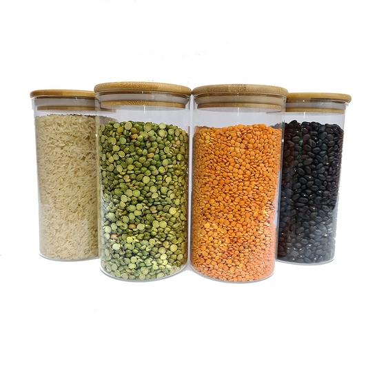 Imagem de Potes de Vidro P/ Mantimentos 1100ml C/ Tampa Bambu - 4 Pçs Oikos