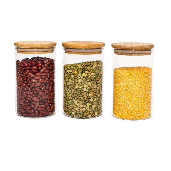 Potes de Vidro P/ Mantimentos 600ml C/ Tampa Bambu - 3 Pçs Oikos