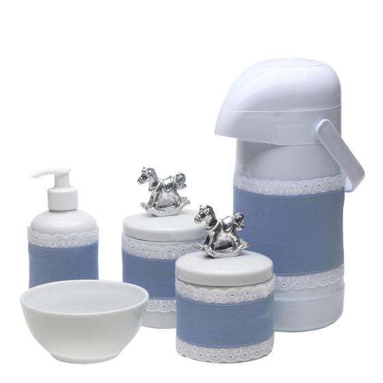 Potes, Garrafa, Molhadeira e Porta Álcool-Gel Com Capa Cavalinho Prata Quarto Bebê Infantil Menino Menor preço em Potes, Garrafa, Molhadeira e Porta Álcool-Gel Com Capa Cavalinho Prata Quarto Bebê Infantil Menino