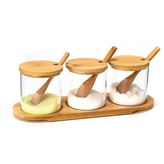 Conjunto De Potes De Condimentos Em Porcelana Com Colheres E Bandija De Bambu - Ideal Para Açúcar, Café E Especiarias
