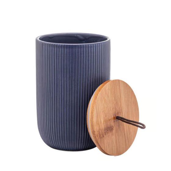 Imagem de Potiche Bomboniere de Cerâmica Azul com Tampa de Bambu 12,5x10cm Lyor
