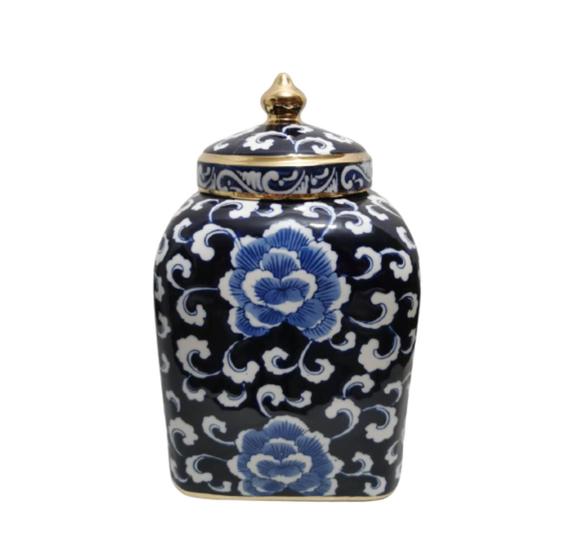 Imagem de Potiche Menor Porcelana Florais Azul Escuro Dourado Formosa