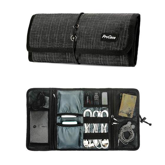 Imagem de Pouch do cabo organizador eletrônico ProCase, acessórios de telefone carregador de cabo de viagem, organizador de bolsas roll up Tech Carrying Case para cabos USB Cartões de memória SD Earphone Flash Hard Drive -Xadrez Preto