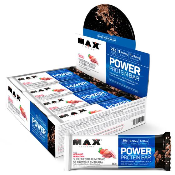 Imagem de Power protein bar barra de proteina caixa com 8 un de 90g morango sensaçao max titanium