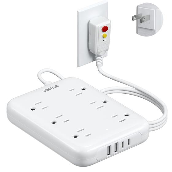 Imagem de Power Strip VINTAR GFCI de 2 pinos a 3 pinos com 6 tomadas e 4 USB