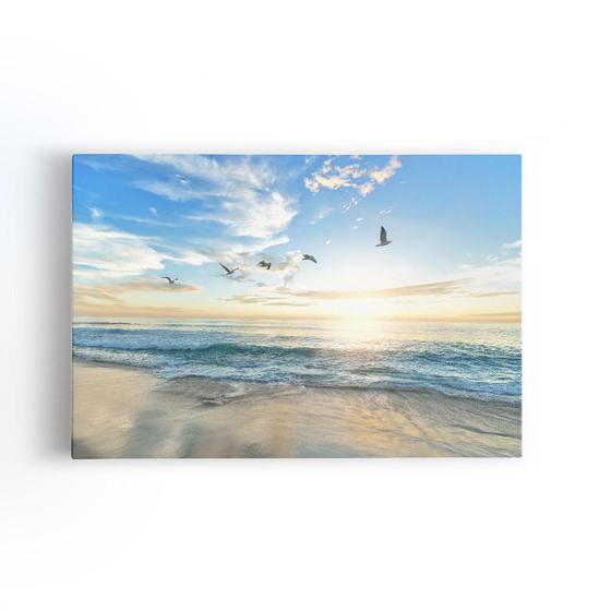 Imagem de Praia Mar Pássaros Paisagem Nuvens Quadro Canvas 60X40Cm