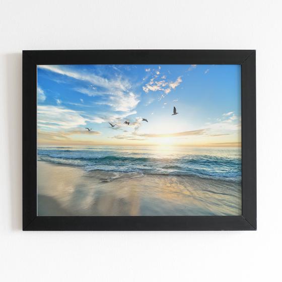 Imagem de Praia Mar Pássaros Paisagem Quadro Moldura Preta 60x40cm