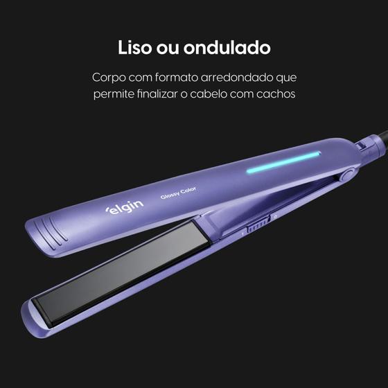 Prancha Elgin Glossy Color em fundo escuro enfatizando o corpo arredondado para fazer cachos