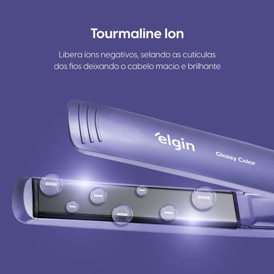 Detalhe das chapas da chapinha Elgin com ilustração de íons negativos e tecnologia Tourmaline