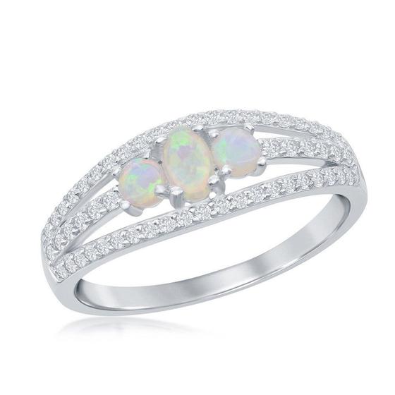 Imagem de Prata esterlina de três pedras branco Opala CZ Band Ring, tamanho 7