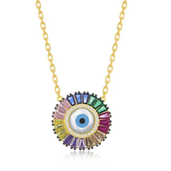 Imagem de Prata Esterlina GP Rainbow Baguete CZ Evil Eye Disc Colar