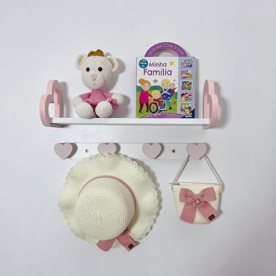 Imagem de Prateleira coração colorida e cabideiro quarto infantil 45cm