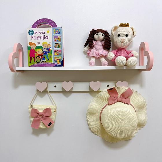Imagem de Prateleira coração colorida e cabideiro quarto infantil 60cm
