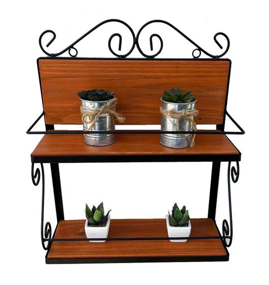 Imagem de prateleira decorativa ferro e madeira dupla suporte multiuso de parede 50x40 cm cozinha jardim banheiro sacada quarto