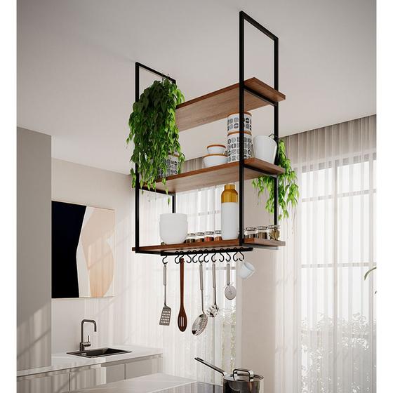 Prateleira Estilo Industrial Suspensa Teto Cozinha Nicho Denver 80cm - Preto/freijó Menor preço em Prateleira Estilo Industrial Suspensa Teto Cozinha Nicho Denver 80cm - Preto/freijó