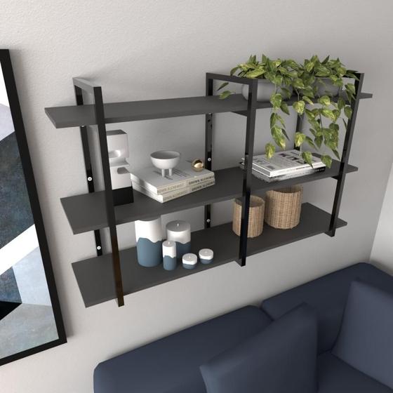 Imagem de Prateleira industrial sala estar estante nicho parede mdf suspensa pratileira ferro preto