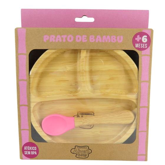 Imagem de Pratinho Infantil de Bambu Turminha Alves Baby Rosa com Ventosa