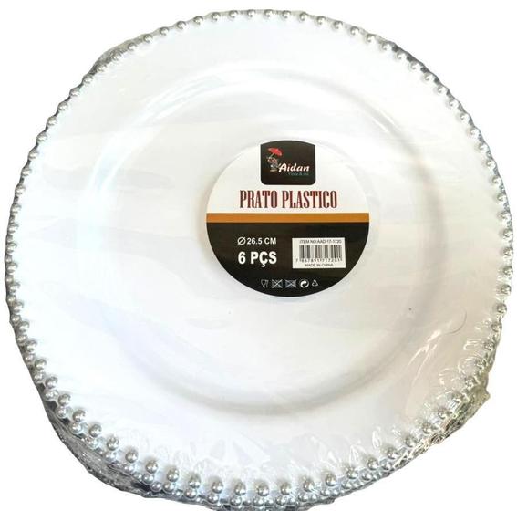 Imagem de Prato De Jantar Acrílico Borda Bolinha Prata 26Cm -Kit 6Un