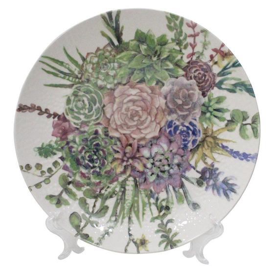 Imagem de Prato Decorativo Cerâmica Bothanica Com Suporte Transparente Para Mesa 26cm
