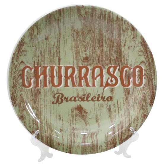 Imagem de Prato Decorativo Cerâmica Churrasco Com Suporte Transparente Para Mesa 26cm