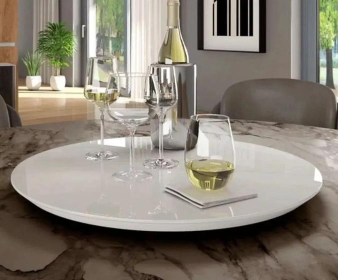 Prato giratório centro de mesa laqueado com tampo de vidro branco 45cm.