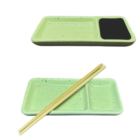 Imagem de Prato Oriental com Divisória para Sushi e Shoyu Porcelana Sapporo Verde Mesclado