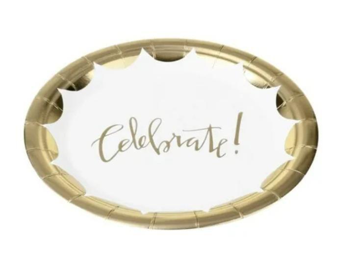 Imagem de Prato Papel Tema 18cm Celebrate Dourado e Branco - 10 unid