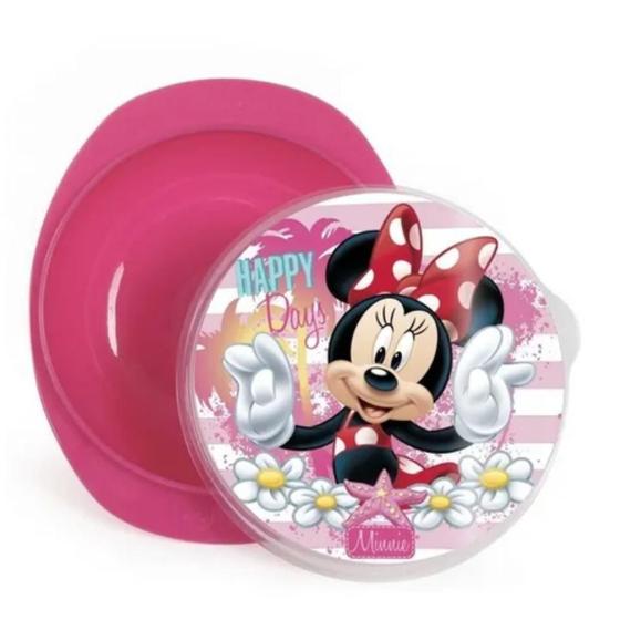 Imagem de Prato Pote Bowl Com Ventosa e Tampa Minnie Rosa Decorado Baby Go - 01423