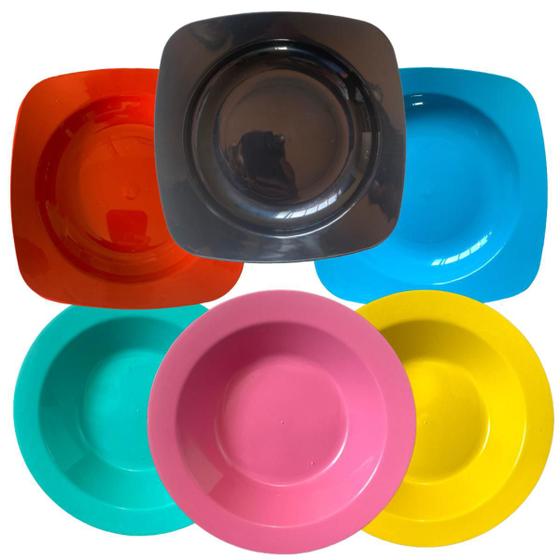 Imagem de prato sobremesa plastico duro resistente grande colorido bolo lanche refeição cozinha merenda kit