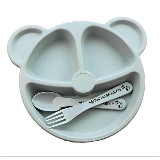 Imagem de Prato Urso Infantil Com Divisórias e Talheres BPA FREE