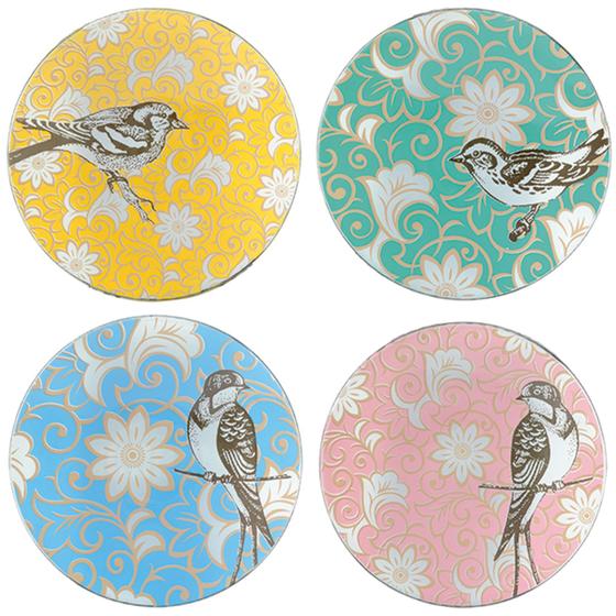Imagem de Pratos Decorativos para Parede Pássaros Ø21.5cm com Suporte 4 Peças